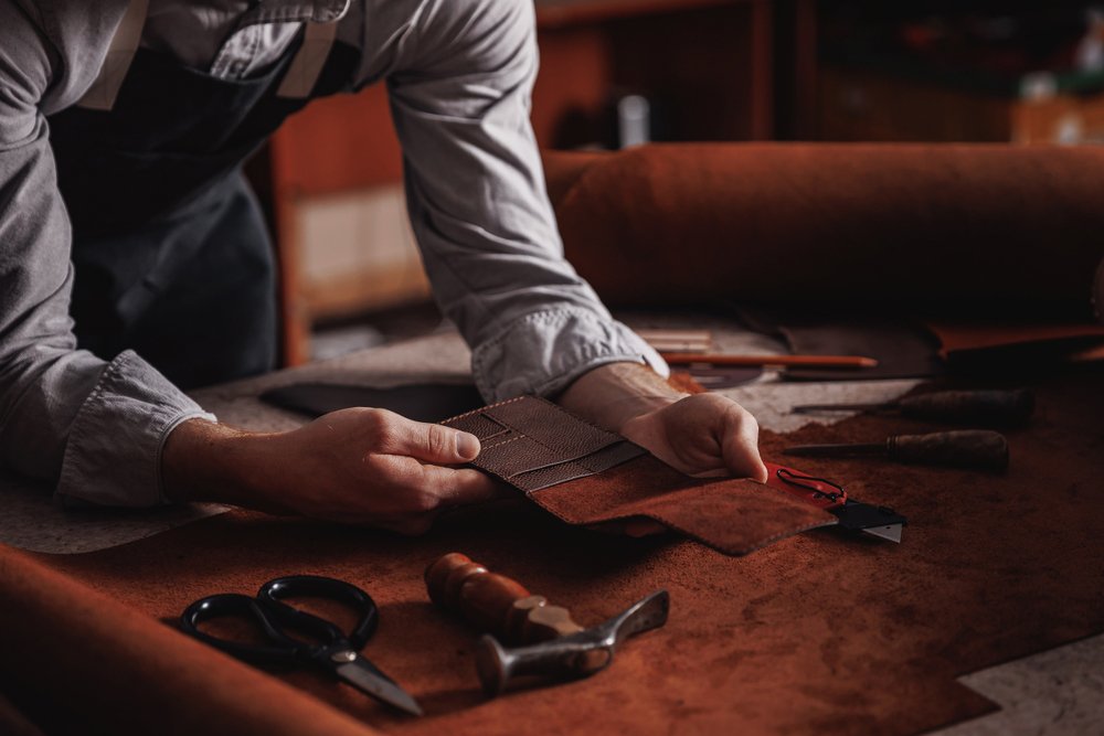 Handicraft,Production,,Craft,Man,Tailor,Checks,Handmade,Brown,Leather,Product.